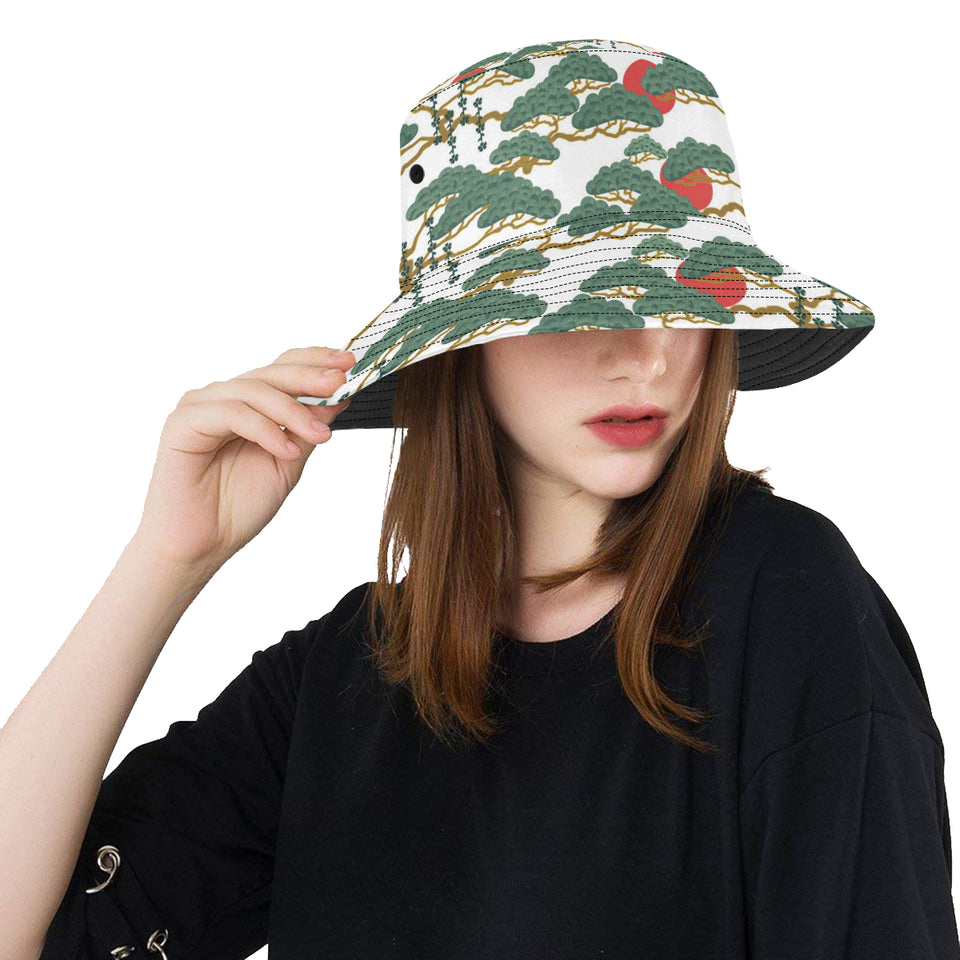 Bonsai red sun japanese pattern Unisex Bucket Hat