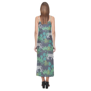 white bengal tigers tropical plant V-Neck Open Fork Long Dress