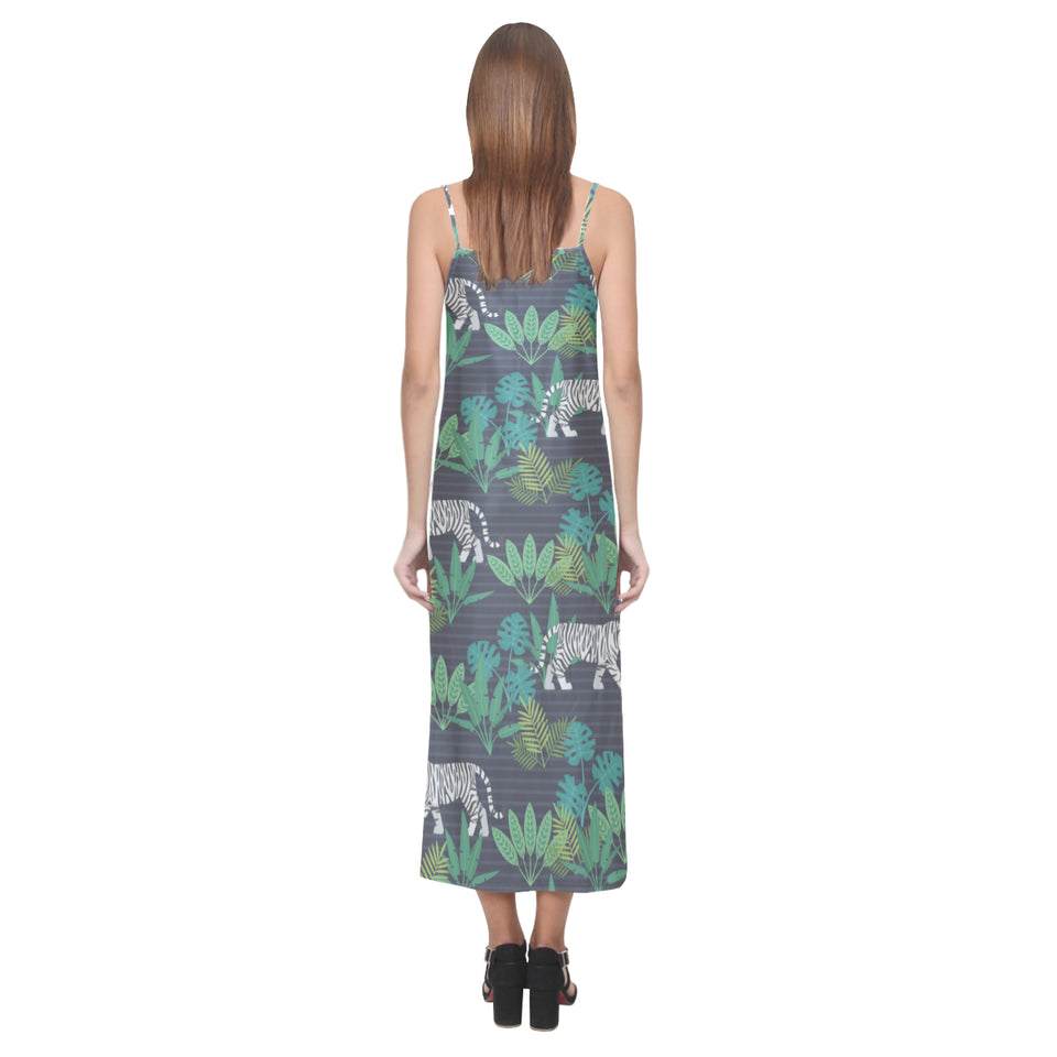 white bengal tigers tropical plant V-Neck Open Fork Long Dress