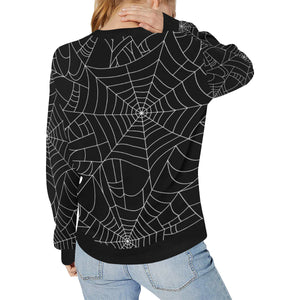 Spider web pattern Black background white cobweb Women's Crew Neck Sweatshirt