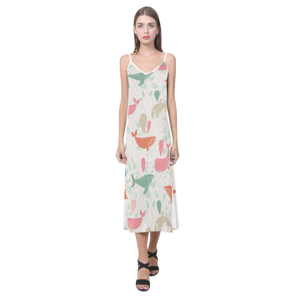 Cute whale pattern V-Neck Open Fork Long Dress