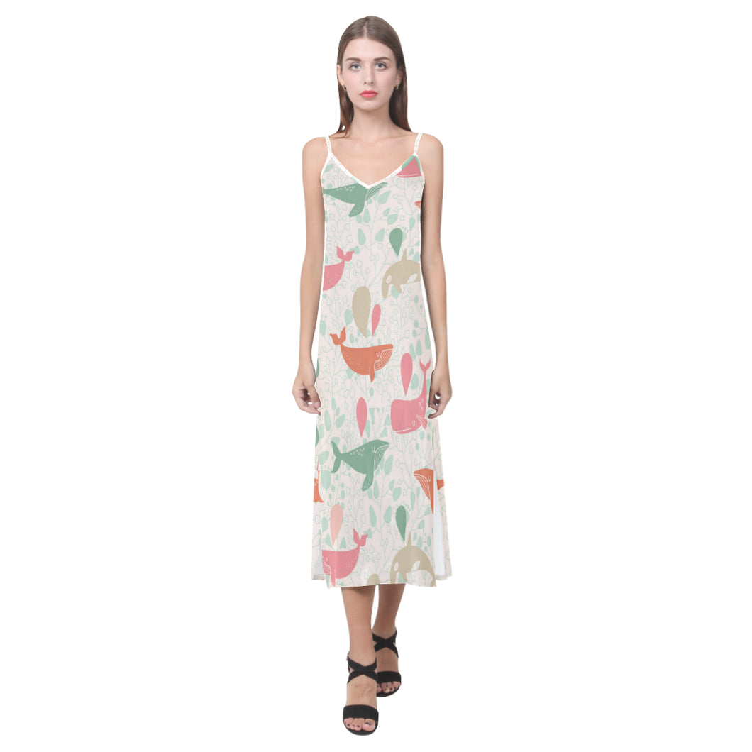 Cute whale pattern V-Neck Open Fork Long Dress