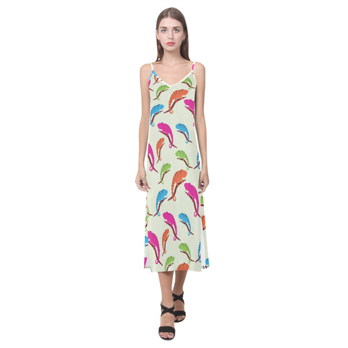 Colorful Chameleon lizard pattern V-Neck Open Fork Long Dress