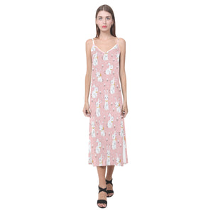Cute white rabbit flower pink background V-Neck Open Fork Long Dress