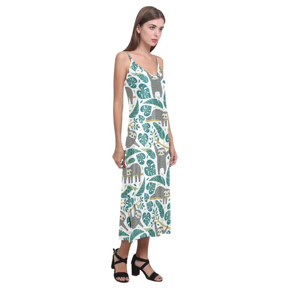 Cute sloths tropical palm leaves white background V-Neck Open Fork Long Dress