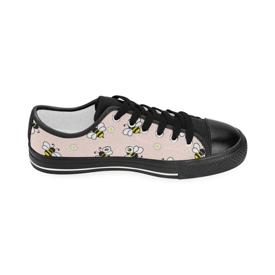 Cute bee flower pattern pink background Kids' Boys' Girls' Low Top Canvas Shoes Black