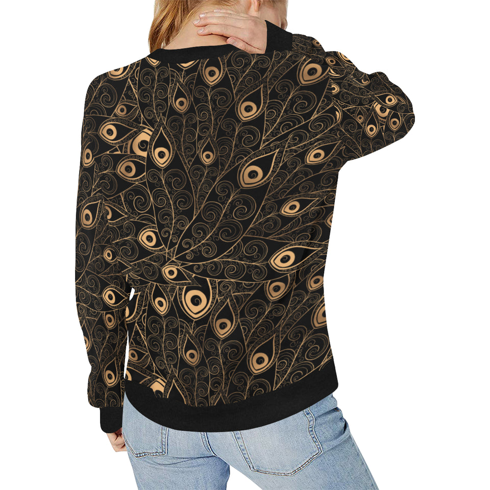 Gold peacock feather pattern Women's Crew Neck Sweatshirt