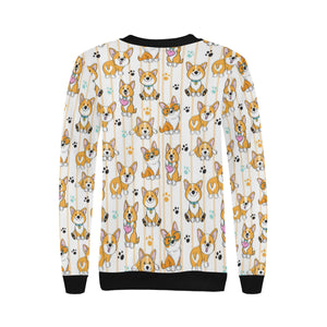 Cute dog corgi striped background pattern Women's Crew Neck Sweatshirt