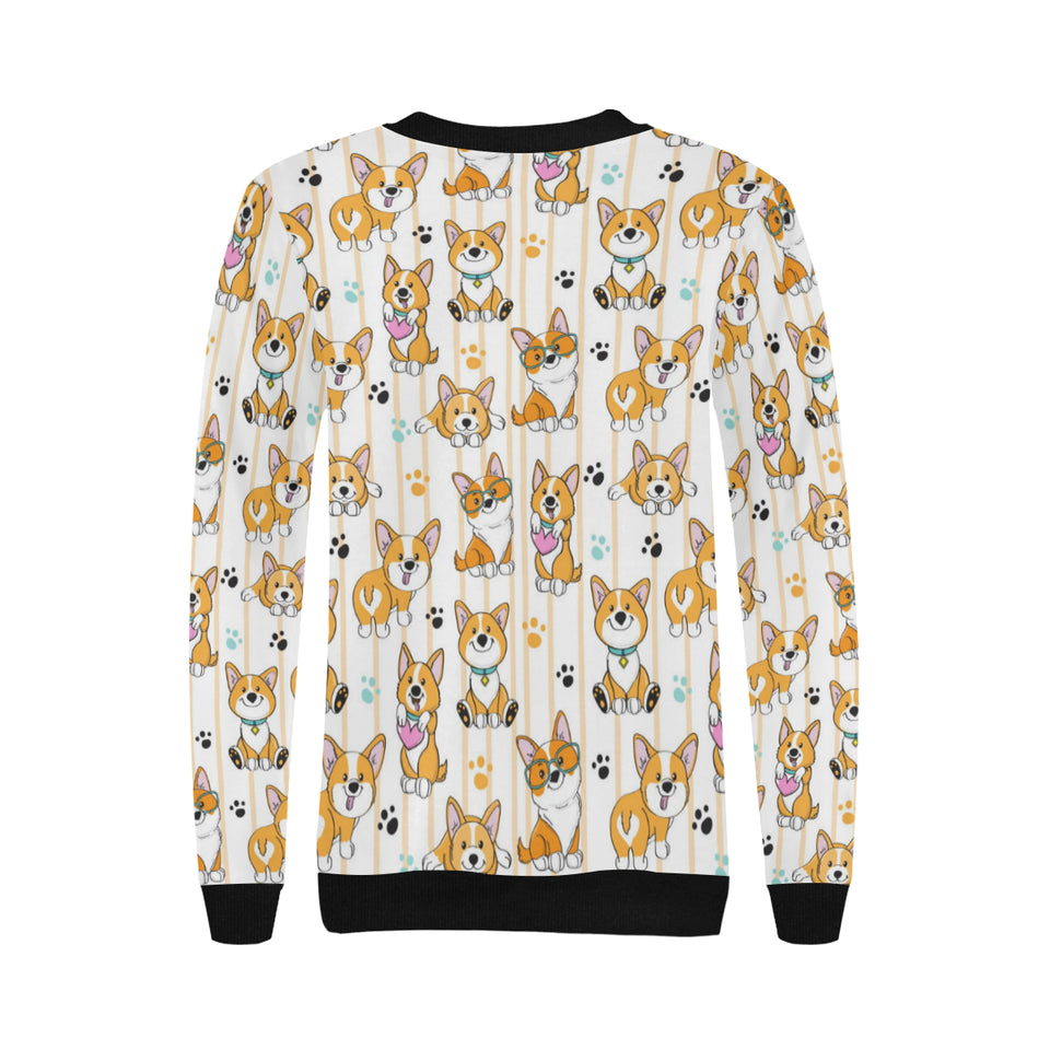 Cute dog corgi striped background pattern Women's Crew Neck Sweatshirt