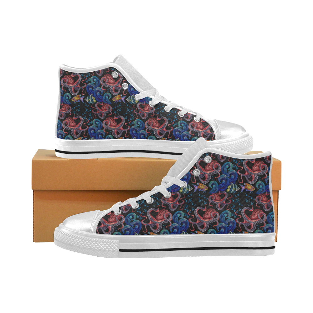 Octopus sea wave tropical fishe pattern Women's High Top Canvas Shoes White
