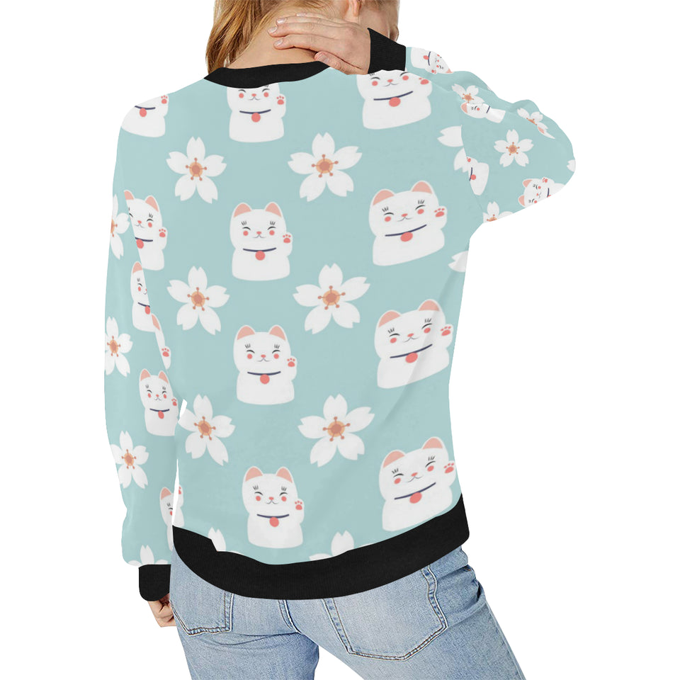 Maneki neko cat sakura Women's Crew Neck Sweatshirt