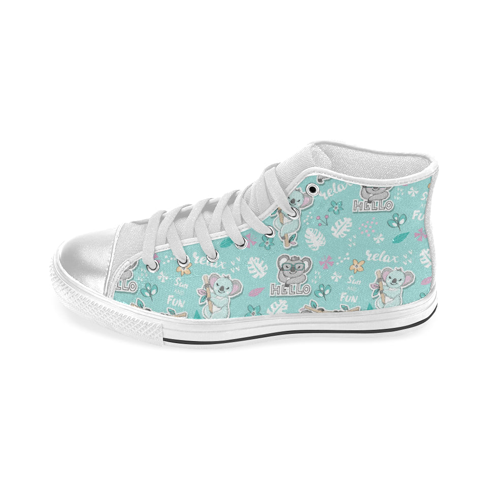 Cute koalas blue background pattern Women's High Top Canvas Shoes White