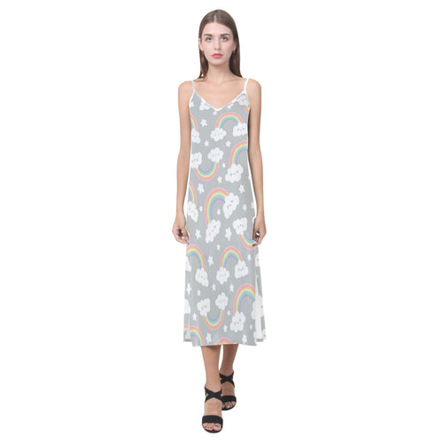 Cute rainbow clound star pattern V-Neck Open Fork Long Dress