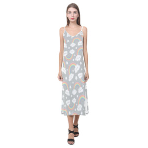 Cute rainbow clound star pattern V-Neck Open Fork Long Dress