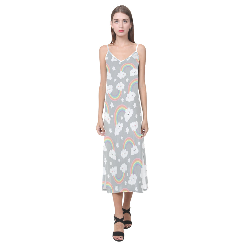 Cute rainbow clound star pattern V-Neck Open Fork Long Dress