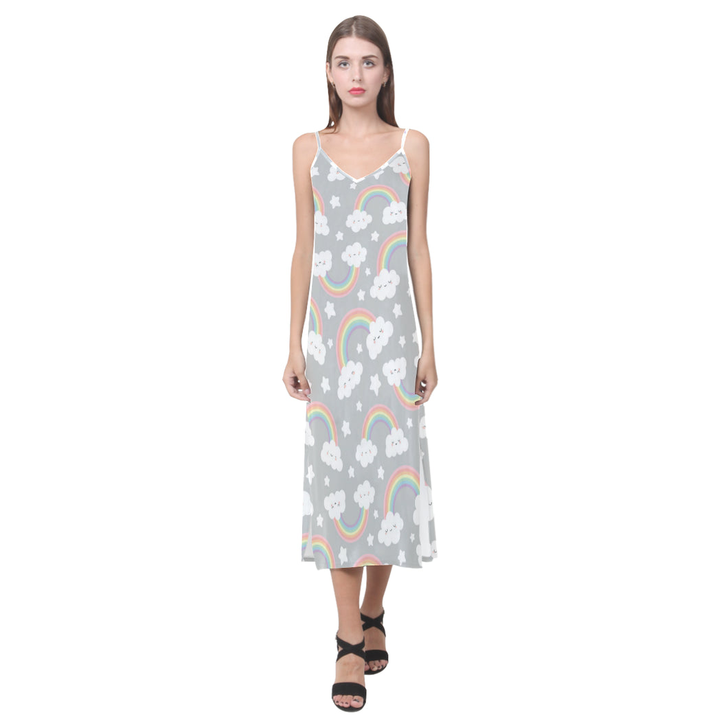 Cute rainbow clound star pattern V-Neck Open Fork Long Dress