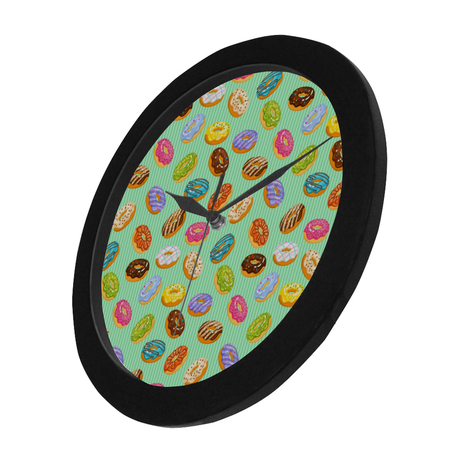 Colorful donut pattern green background Elegant Black Wall Clock