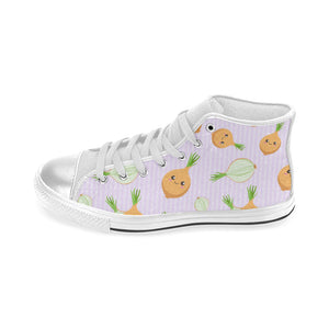 cute onions smiling faces purple background Women's High Top Canvas Shoes White