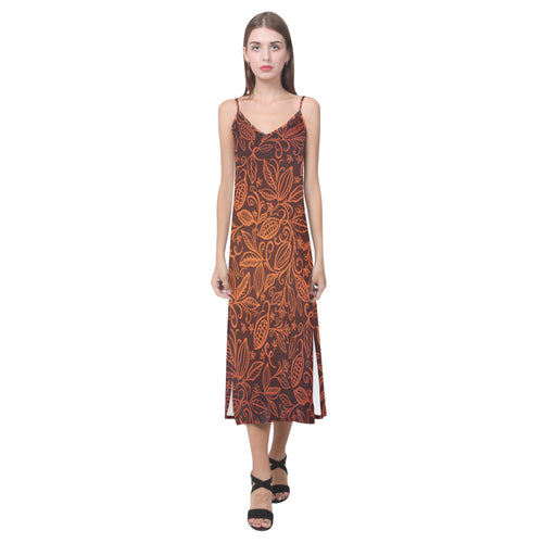 cacao beans tribal polynesian pattern V-Neck Open Fork Long Dress