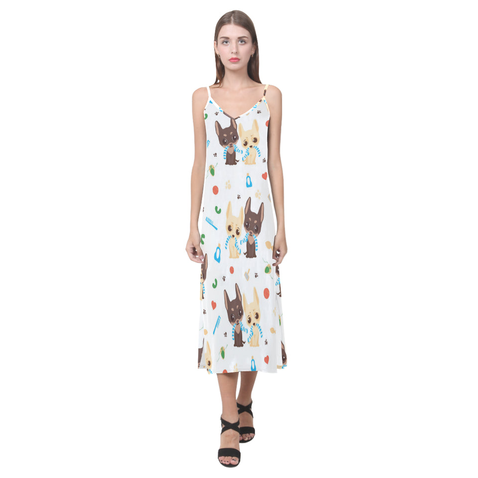 Cute Chihuahua dog pattern V-Neck Open Fork Long Dress