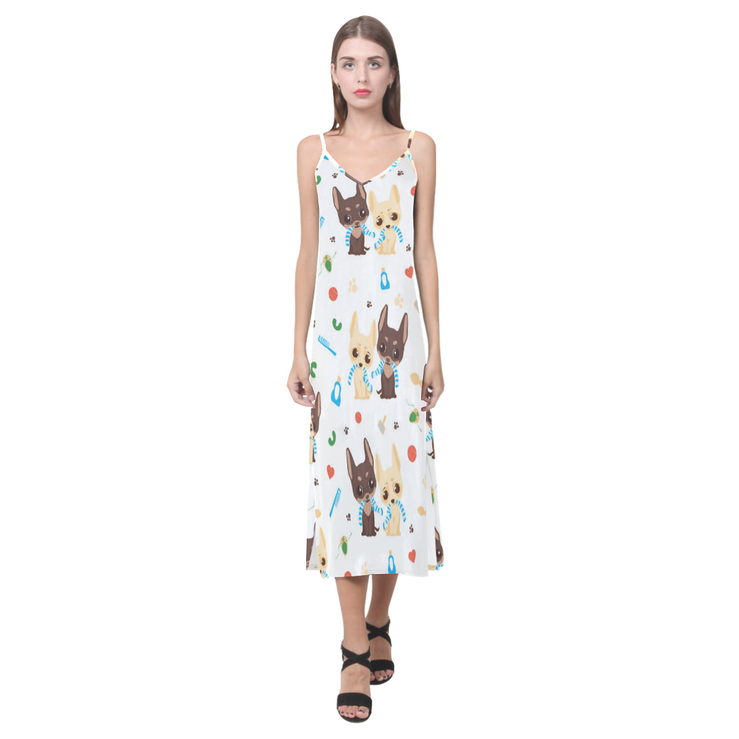 Cute Chihuahua dog pattern V-Neck Open Fork Long Dress