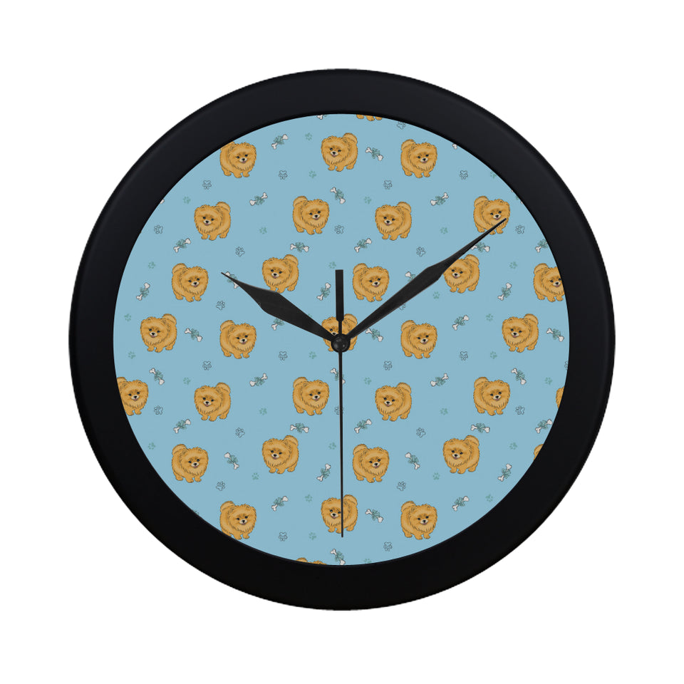 Brown cute pomeranian blue blackground Elegant Black Wall Clock
