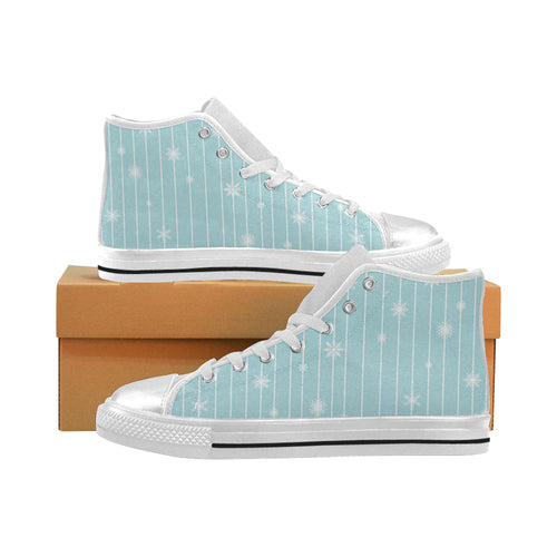 Snowflake pattern blue stripe background Women's High Top Canvas Shoes White