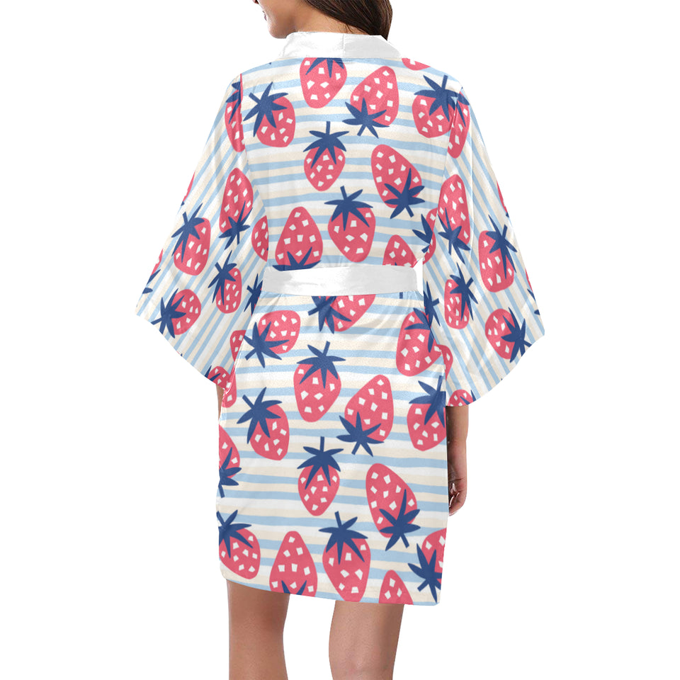 Strawberry pattern blue lines background Women's Short Kimono Robe