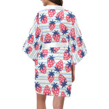 Strawberry pattern blue lines background Women's Short Kimono Robe