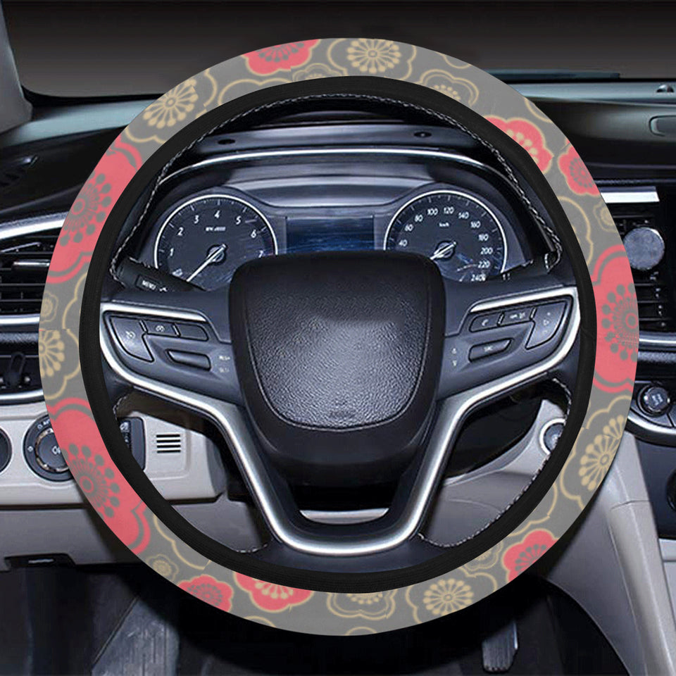 Red gold Sakura cherry blossom gray background Car Steering Wheel Cover