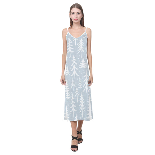 Christmas tree winter forest pattern V-Neck Open Fork Long Dress