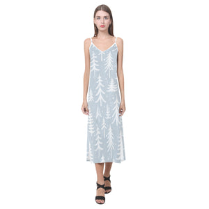 Christmas tree winter forest pattern V-Neck Open Fork Long Dress