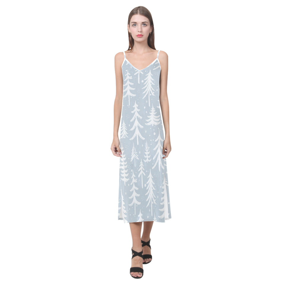 Christmas tree winter forest pattern V-Neck Open Fork Long Dress