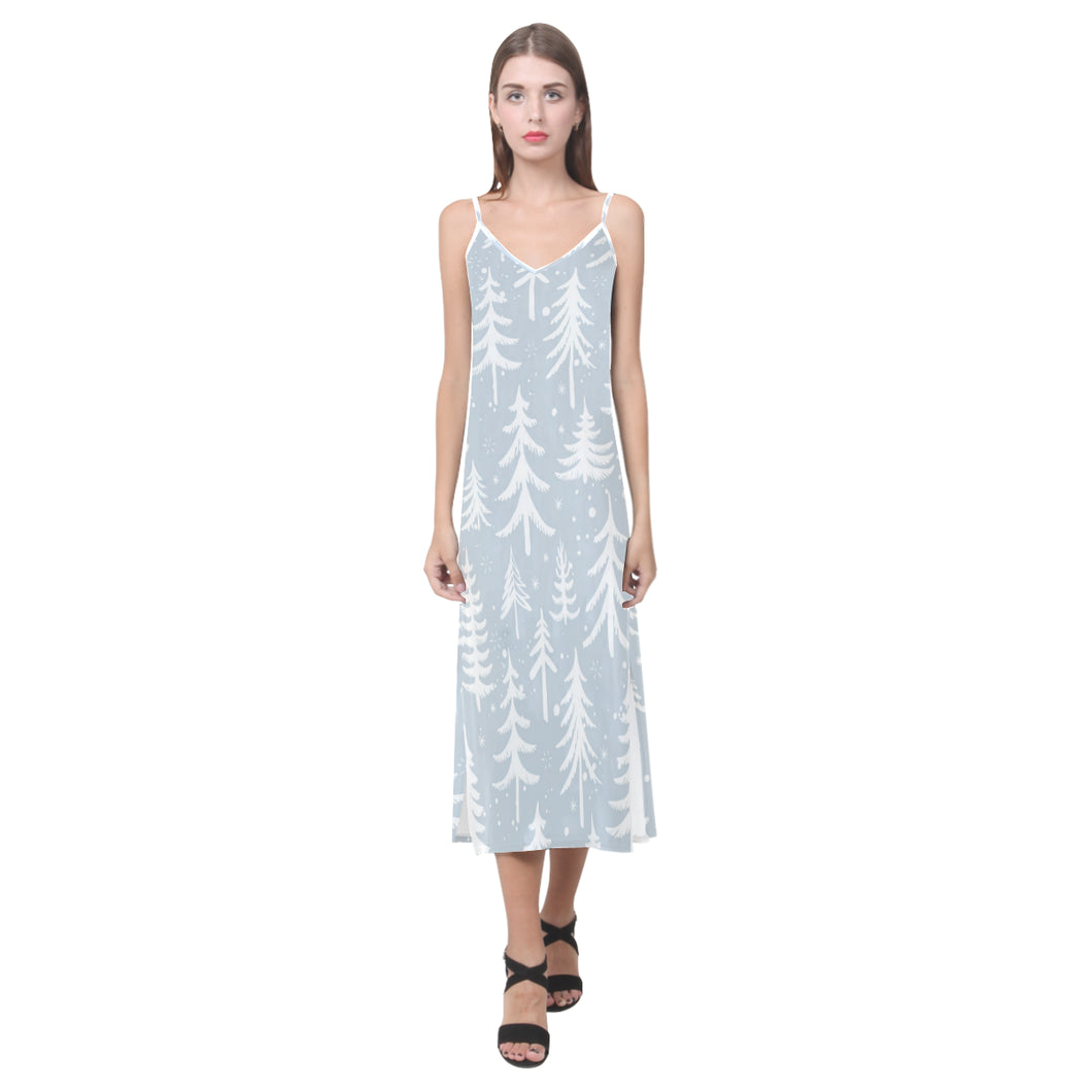 Christmas tree winter forest pattern V-Neck Open Fork Long Dress