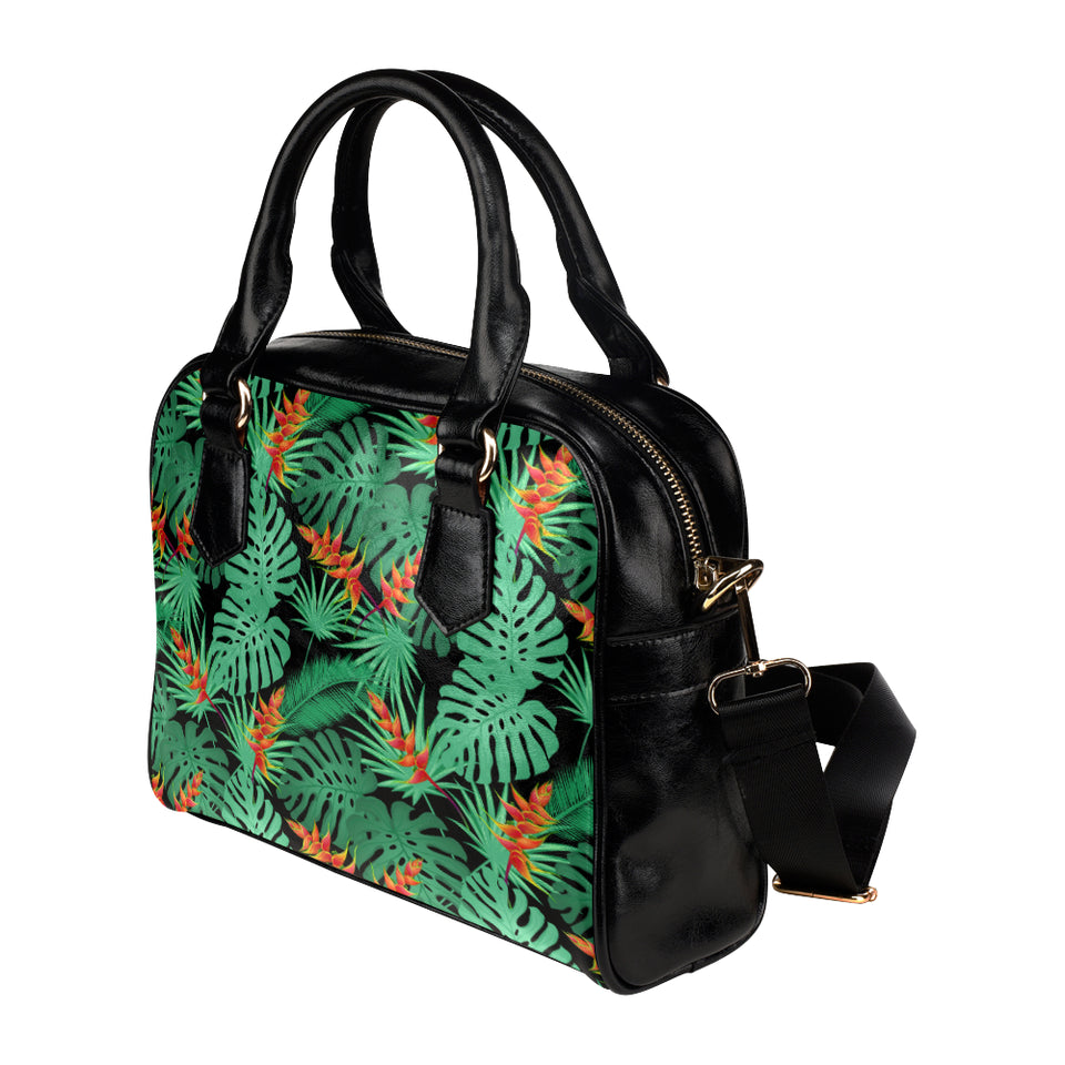 heliconia flower palm monstera leaves black backgr Shoulder Handbag