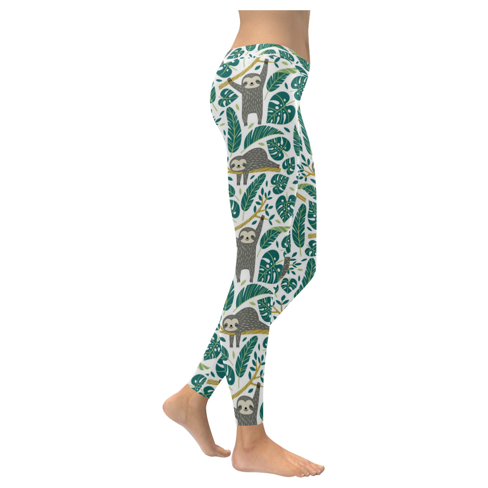 Cute sloths tropical palm leaves white background Women's Legging Fulfilled In US