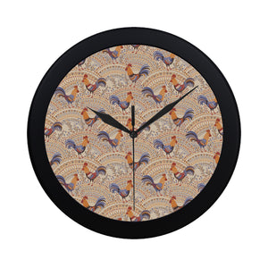 Cute rooster chicken cock floral ornament backgrou Elegant Black Wall Clock