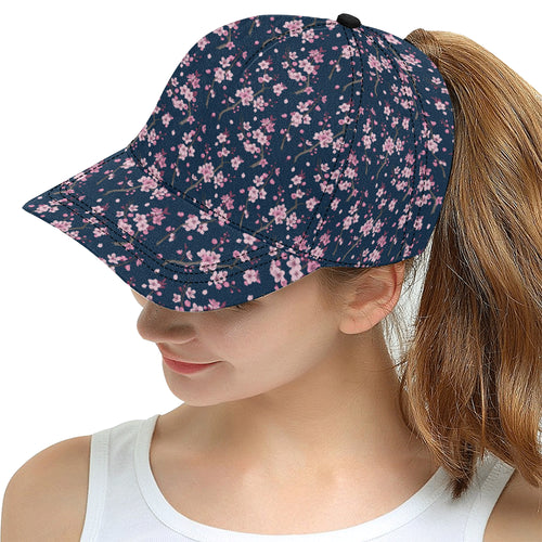 Pink sakura cherry blossom blue background All Over Print Snapback Cap