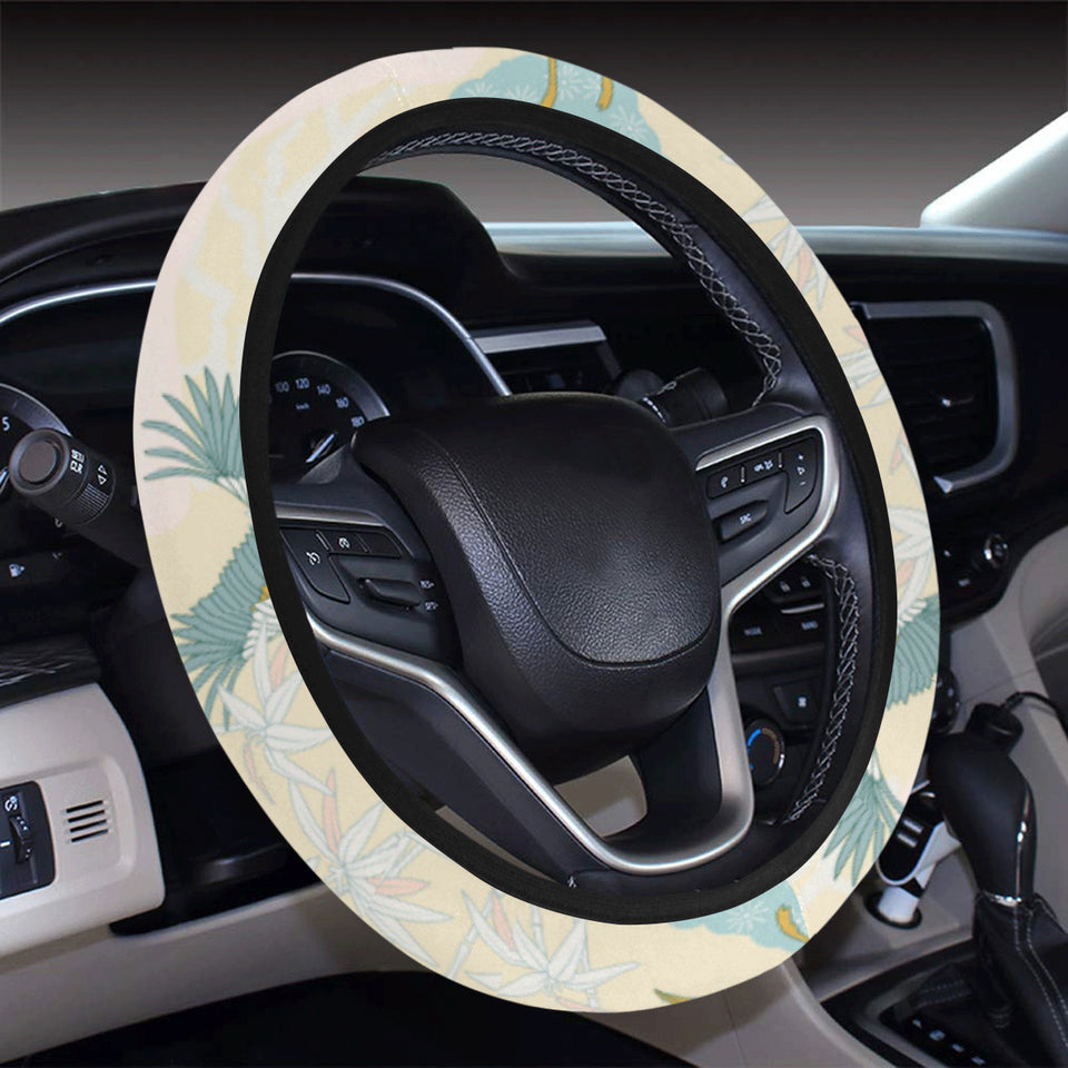 Bonsai bamboo stork japanese pattern cream theme Car Steering Wheel Cover