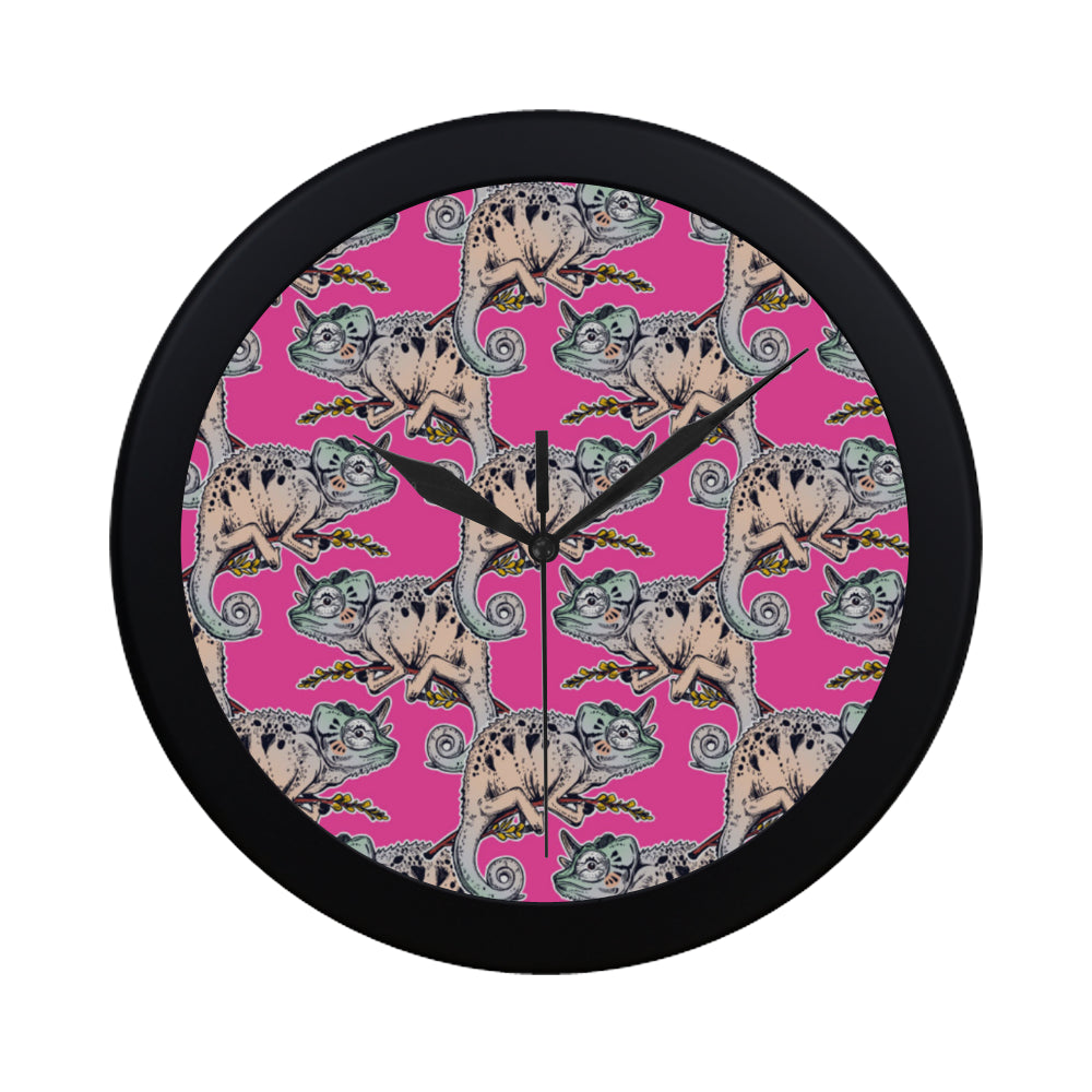 Chameleon lizard pattern pink background Elegant Black Wall Clock