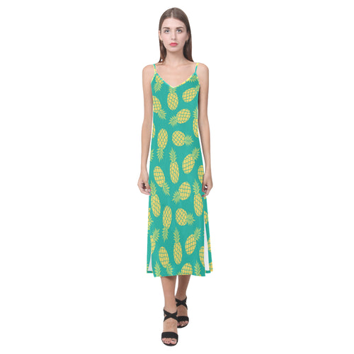 Pineapples pattern green background V-Neck Open Fork Long Dress