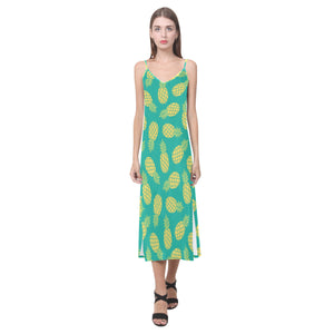 Pineapples pattern green background V-Neck Open Fork Long Dress