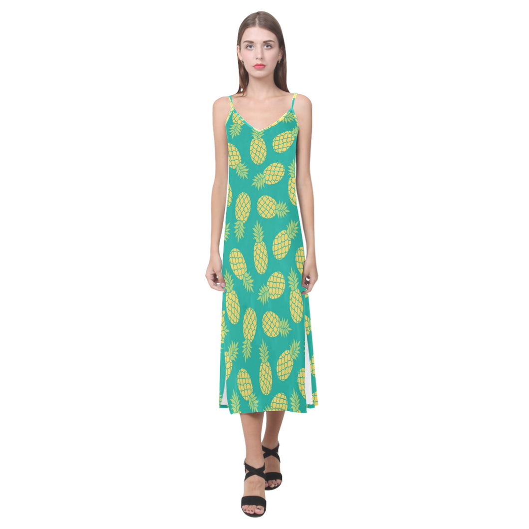 Pineapples pattern green background V-Neck Open Fork Long Dress