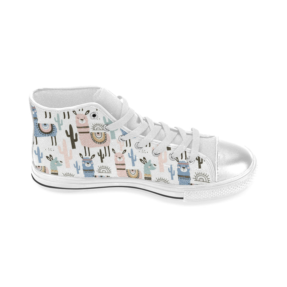 lama Alpaca cactus hand drawn pattern Women's High Top Canvas Shoes White
