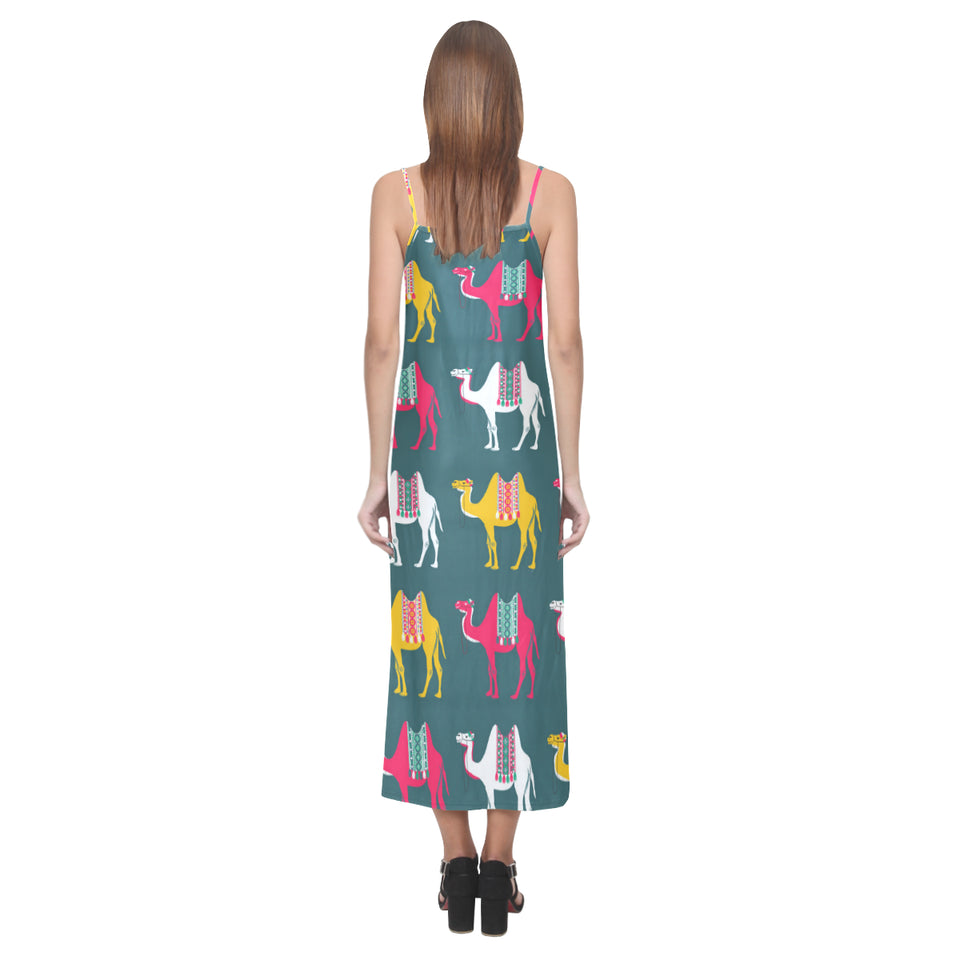 Camel pattern V-Neck Open Fork Long Dress