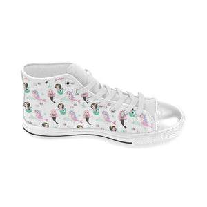 cute mermaid dolphin fish starfish pattern Women's High Top Canvas Shoes White