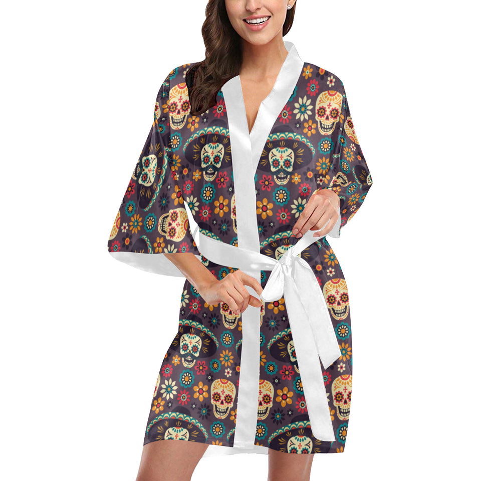 Sugar skulls flower maxican pattern Women's Short Kimono Robe