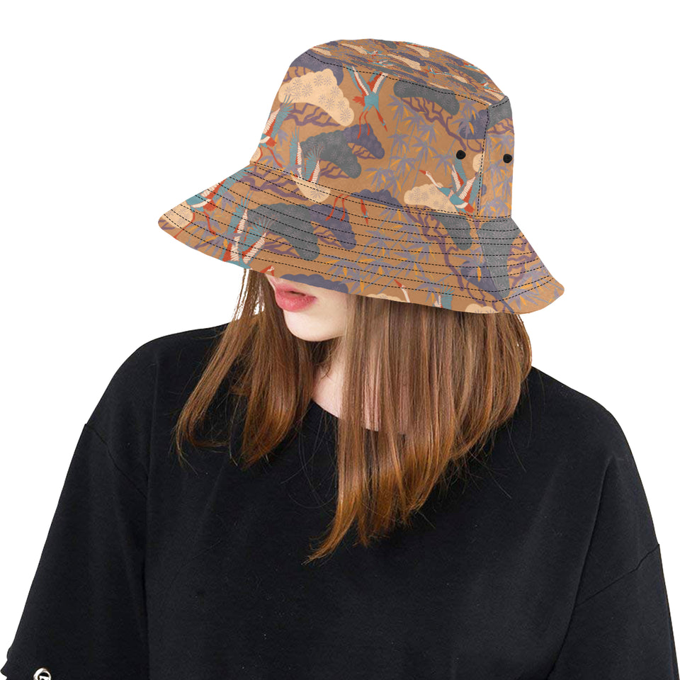 Bonsai bamboo stork japanese pattern brown theme Unisex Bucket Hat
