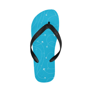 Airplane destinations blue background Unisex Flip Flops