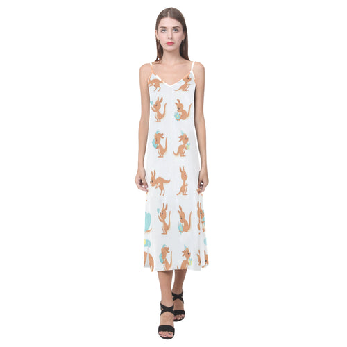 Cute Kangaroo pattern V-Neck Open Fork Long Dress